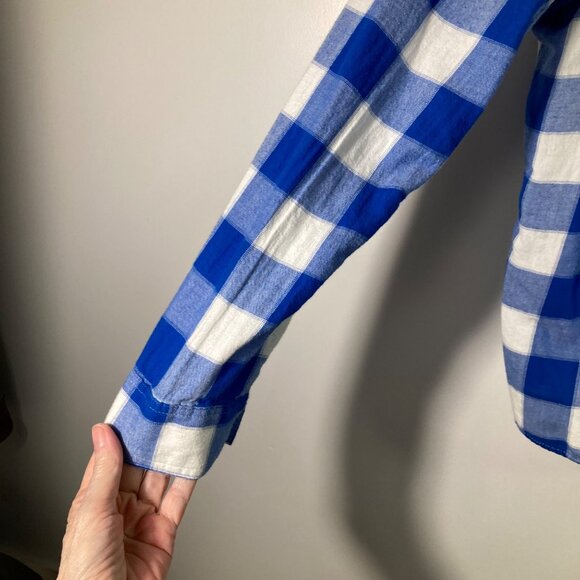 Womens So Perfect Shirt Buffalo Plaid Flannel Shirt Blue White Cotton L fits lik - Picture 5 of 8